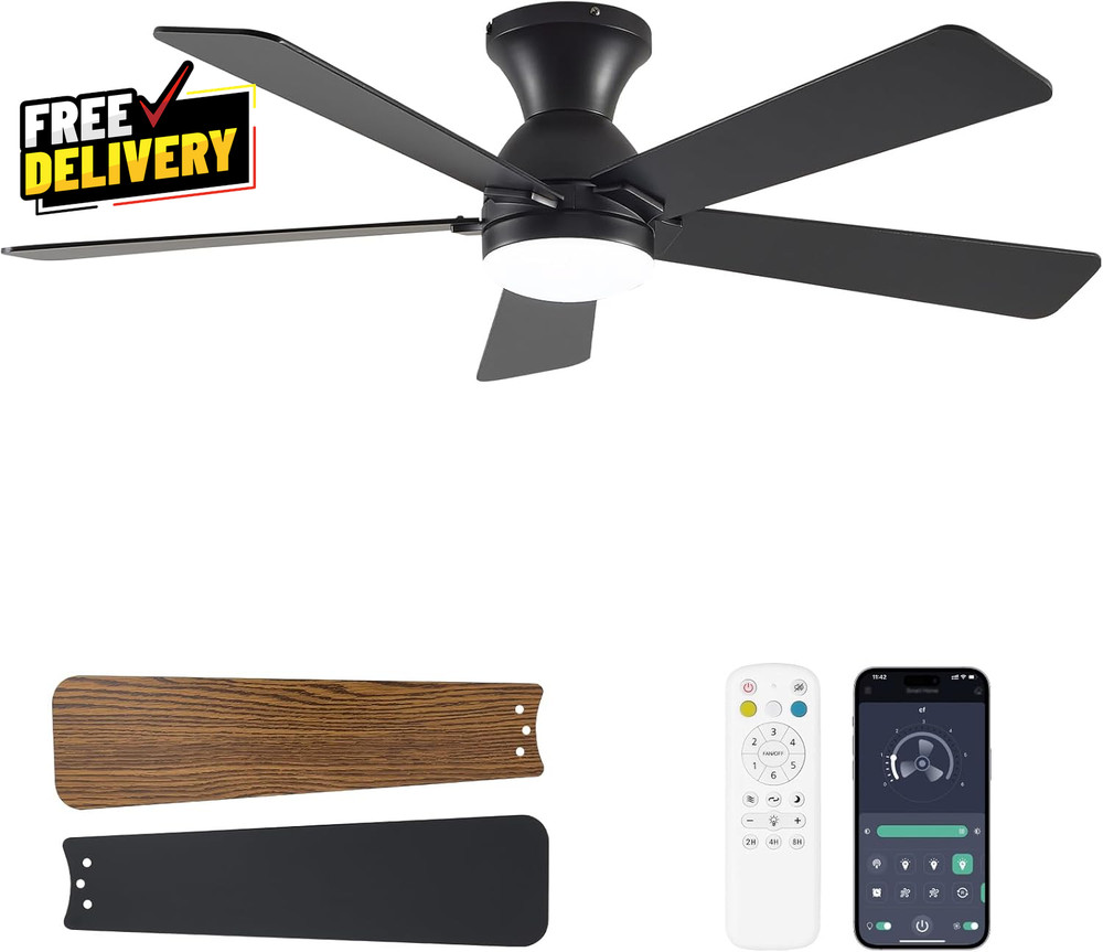 48" Ceiling Fan with Light & Remote Low Profile Reversible DC Motor Dimmable LED