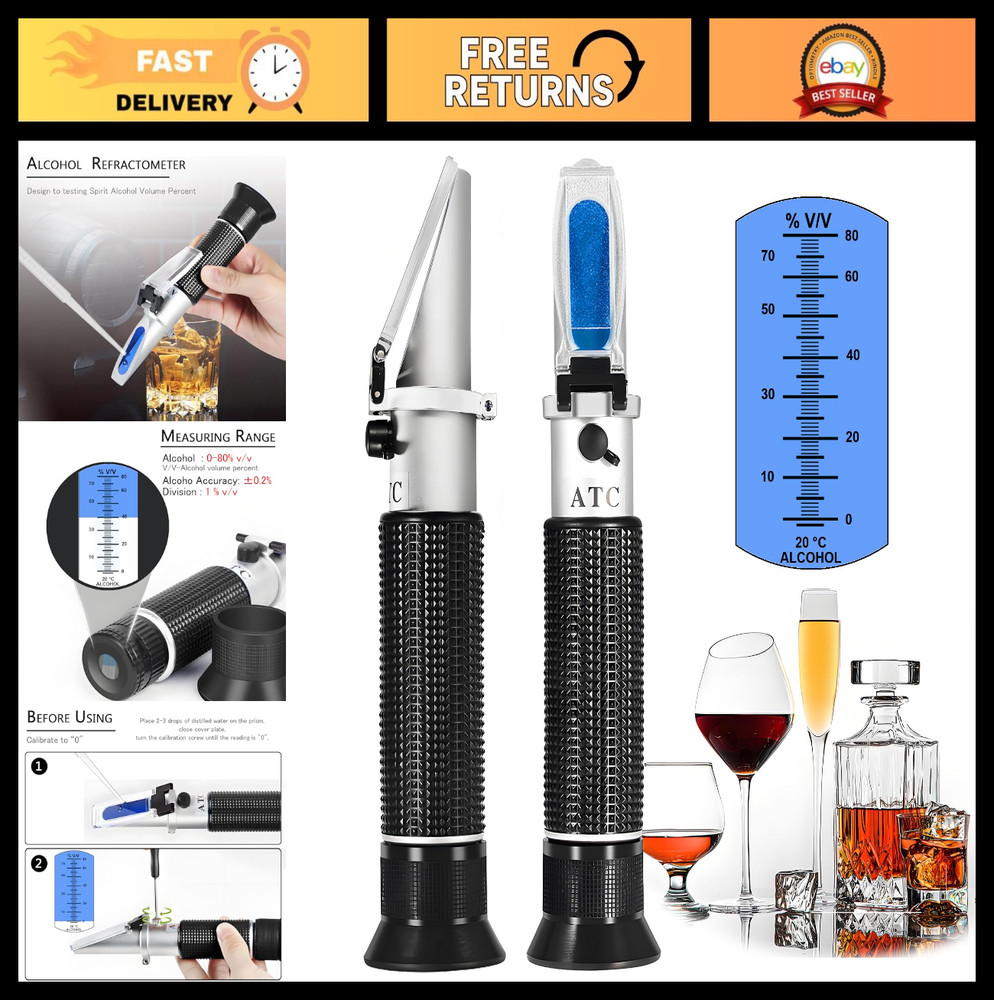 Handheld Alcohol Refractometer - 0-80% Alcohol Content Tester for Spirits & Etha