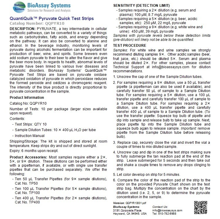 Pyruvate Quick Test Strips