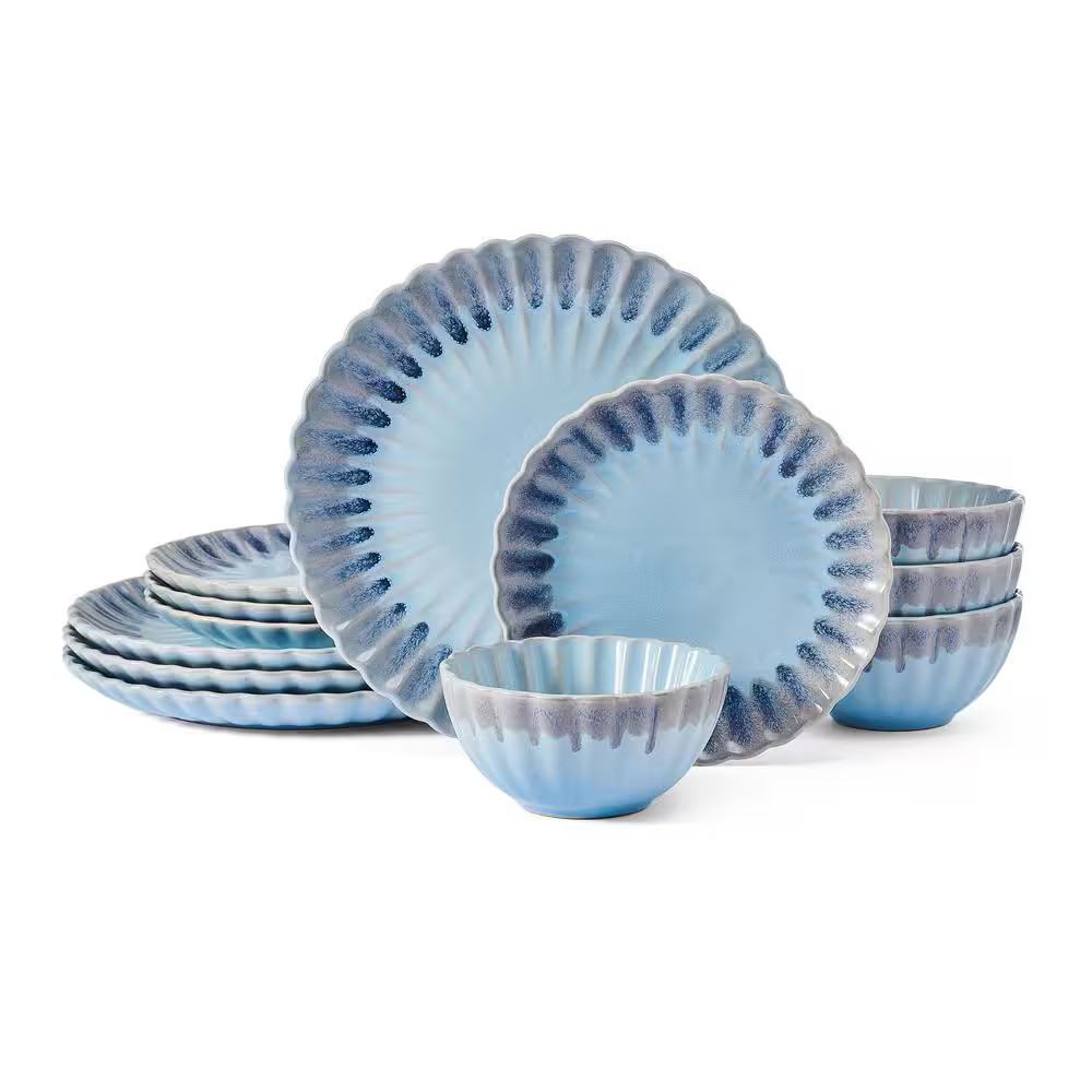 Lucinda 12-Pieces Stoneware Dinnerware Set, Blue/Gray, Service for 4