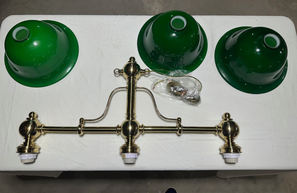 Brass 3 light Pool Table Light - Never hung, open box missing canopy and chain.