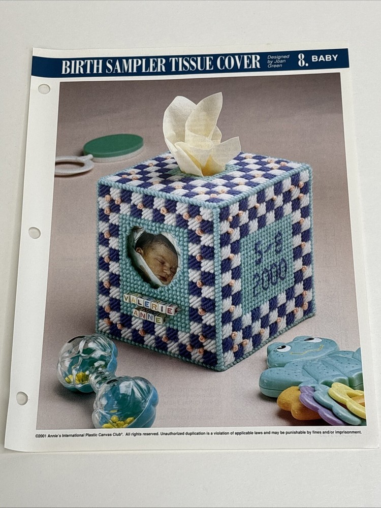 Birth Sampler Tissue Cover Annie's Attic Plastic Canvas Pattern Page