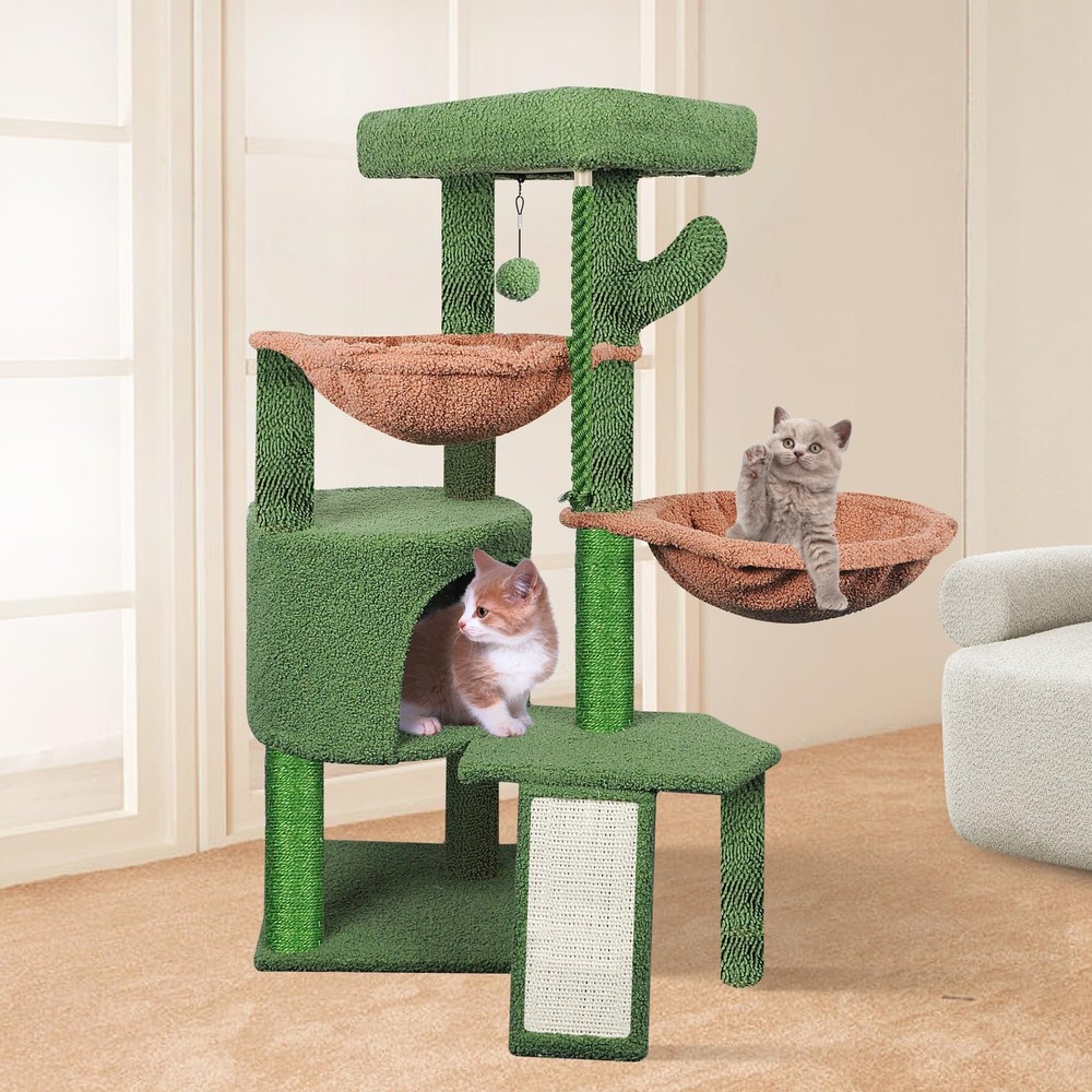 Wang Xin Three Layer Cat Tree with Cat Condo Scratch Pad and Two Hammocks,Gre...