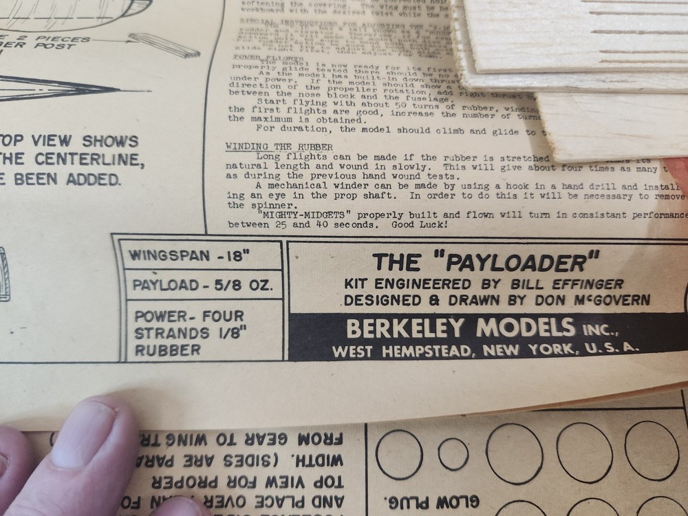 Vintage Berkeley balsa model airplane kit Mighty Midgets Payloader