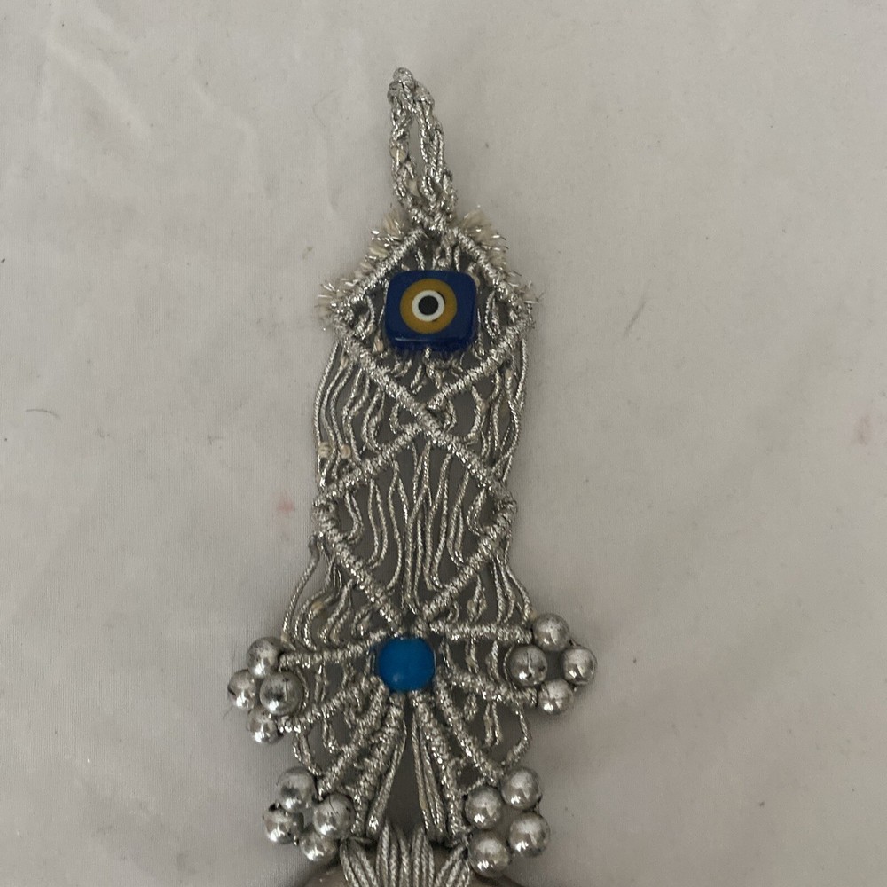 Evil Eye with Silver Macrame Wall Hanging for Bad Luck Protection