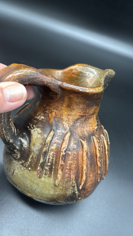 Rustic Primitive Glazed Pottery Small Jug Pitcher Raised Ridges 6”