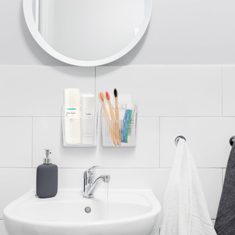 6 Pack Wall Mount Storage Bins, Plastic Clear Shower Basket Caddy with Self-A...