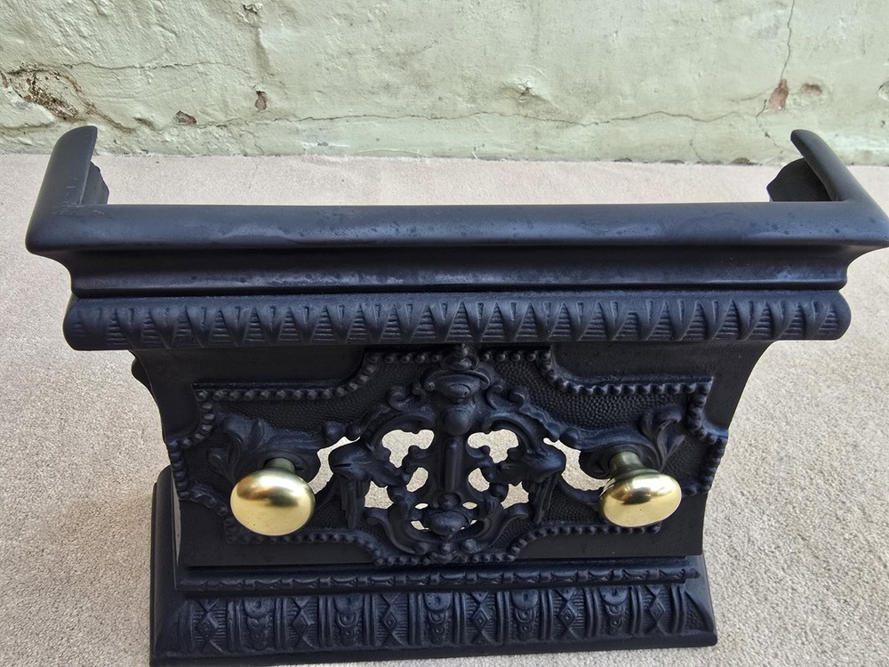 Black Cast Decorative Fire Front With Brass Handles Original Condition