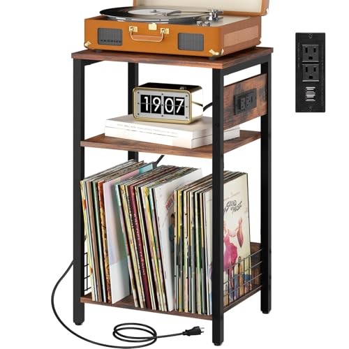 Record Player Stand, 3-Tier White Side Table with Charging Berry Brown