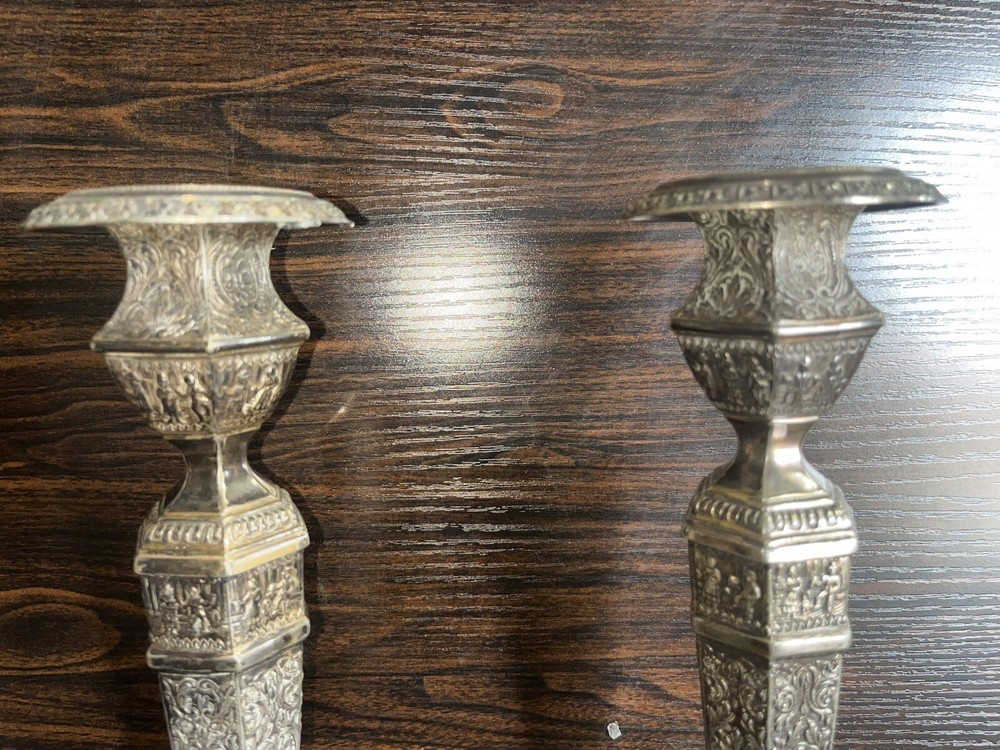 Pair 19th C. Derby Silver Plate 11.75" Candlesticks, Embossed Decoration, #2547