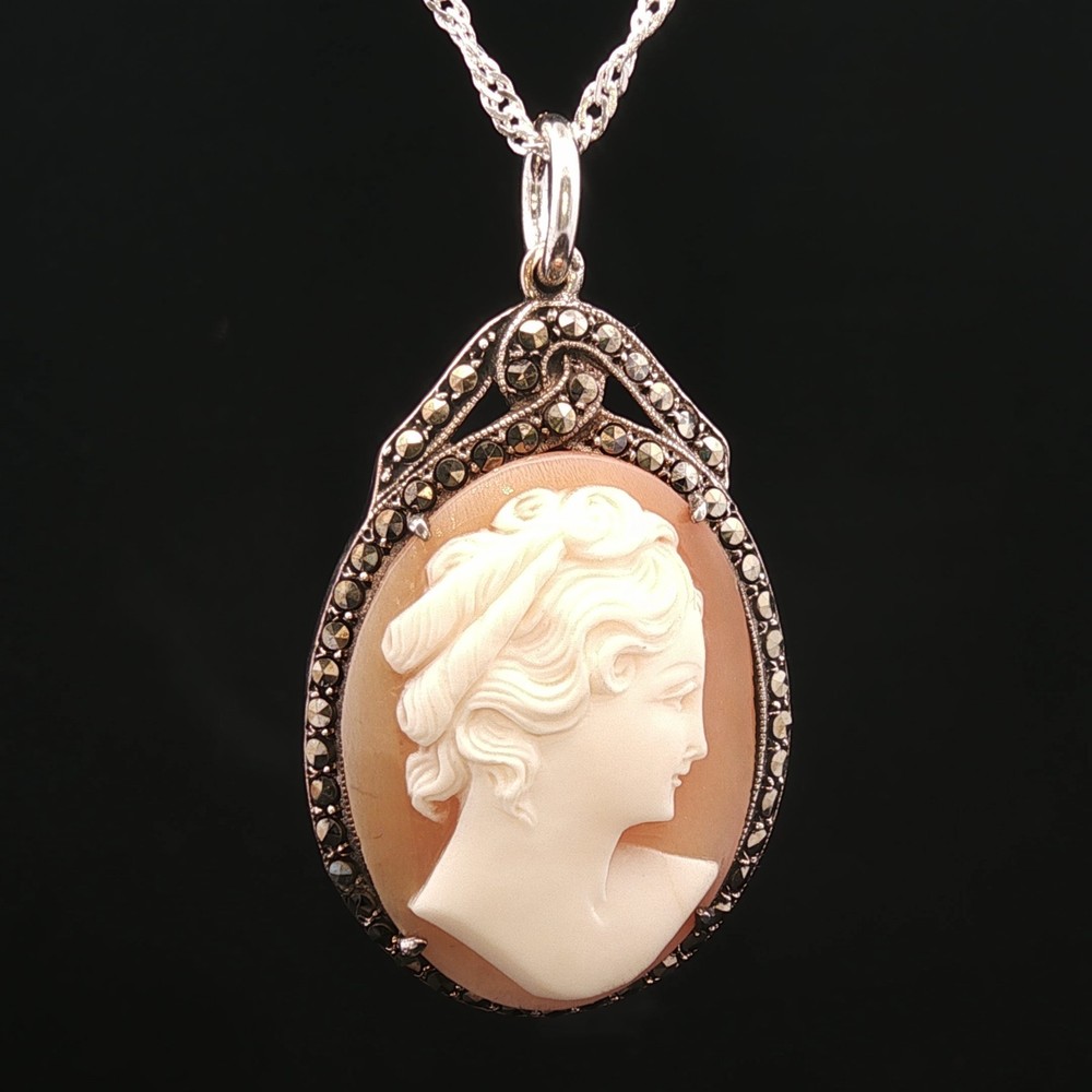 Graceful Charm – Silver Marcasite & Shell Cameo Pendant