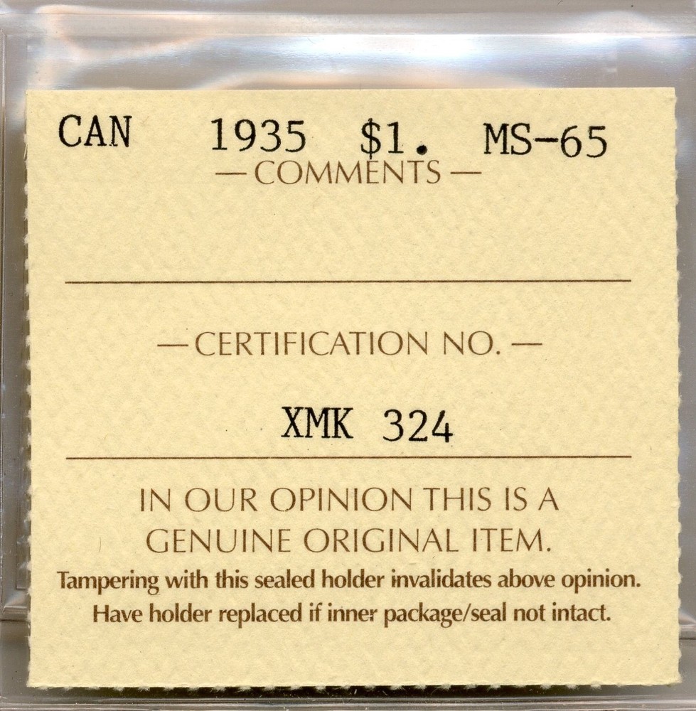 1935 Canada $1, GEM Uncirculated, ICCS MS65