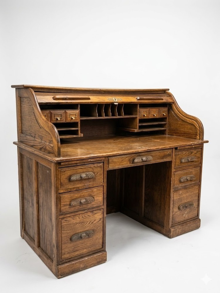 Vintage Solid Oak Roll-Top Desk – Timeless Craftsmanship & Elegant Office