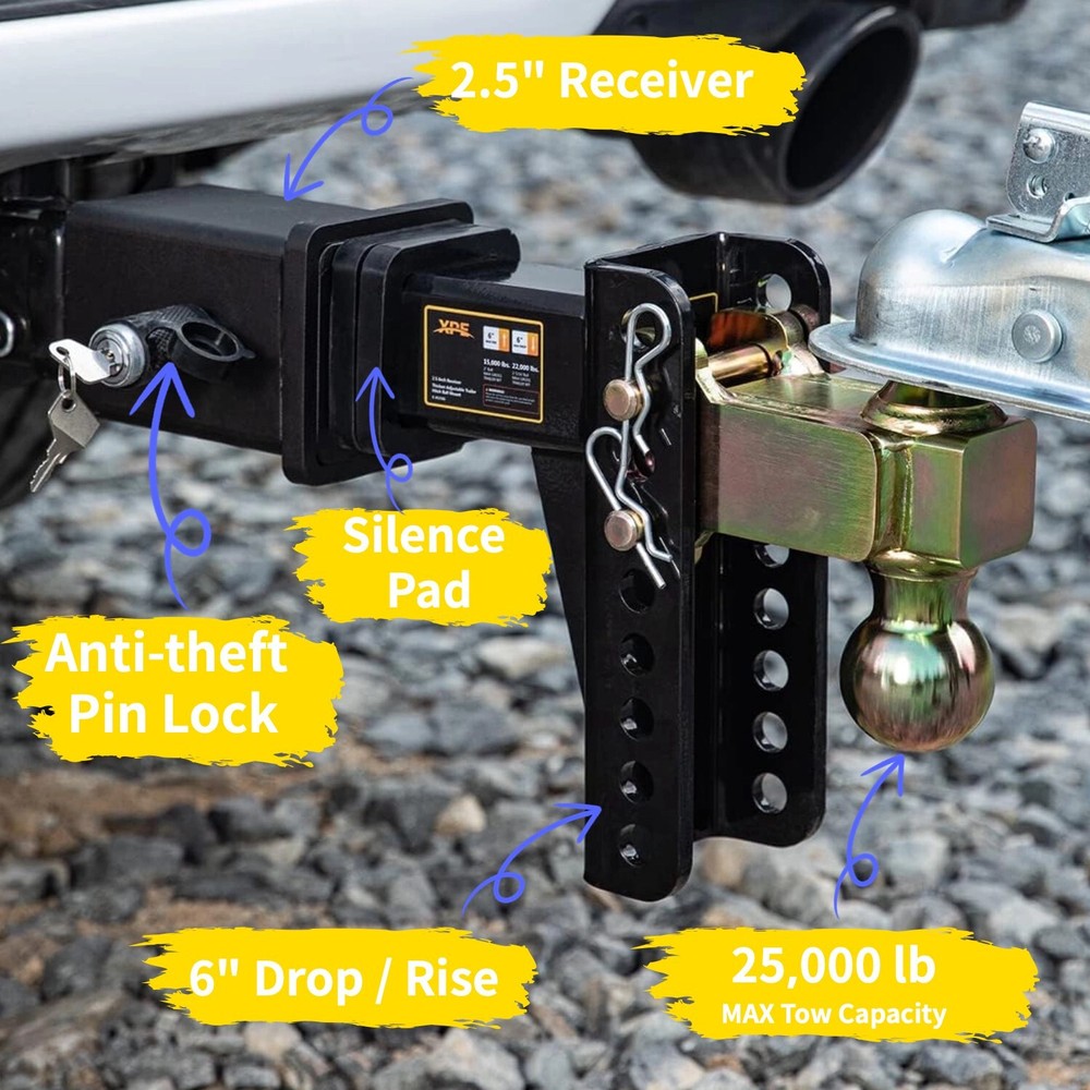 XPE Trailer Hitch Fits 2.5 Inch Receiver, 6 Inch Adjustable Drop Hitch, 25000LBS