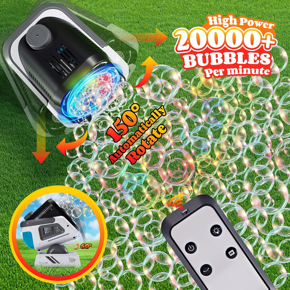 2025 Upgraded Bubble Machine with Remote Control, Automatic Rotation & RGB Light