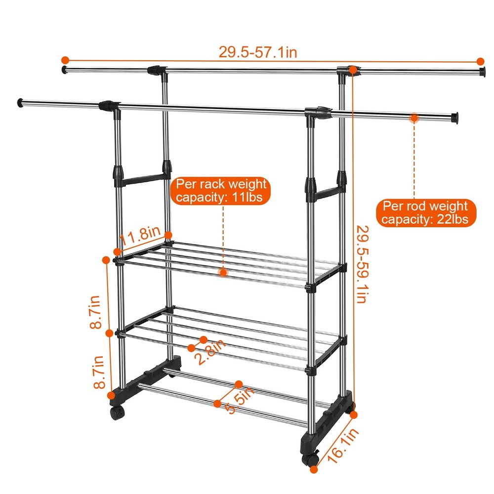 Single/Double Adjustable Clothes Hanger Rolling Garment Rack Duty Rail Organizer
