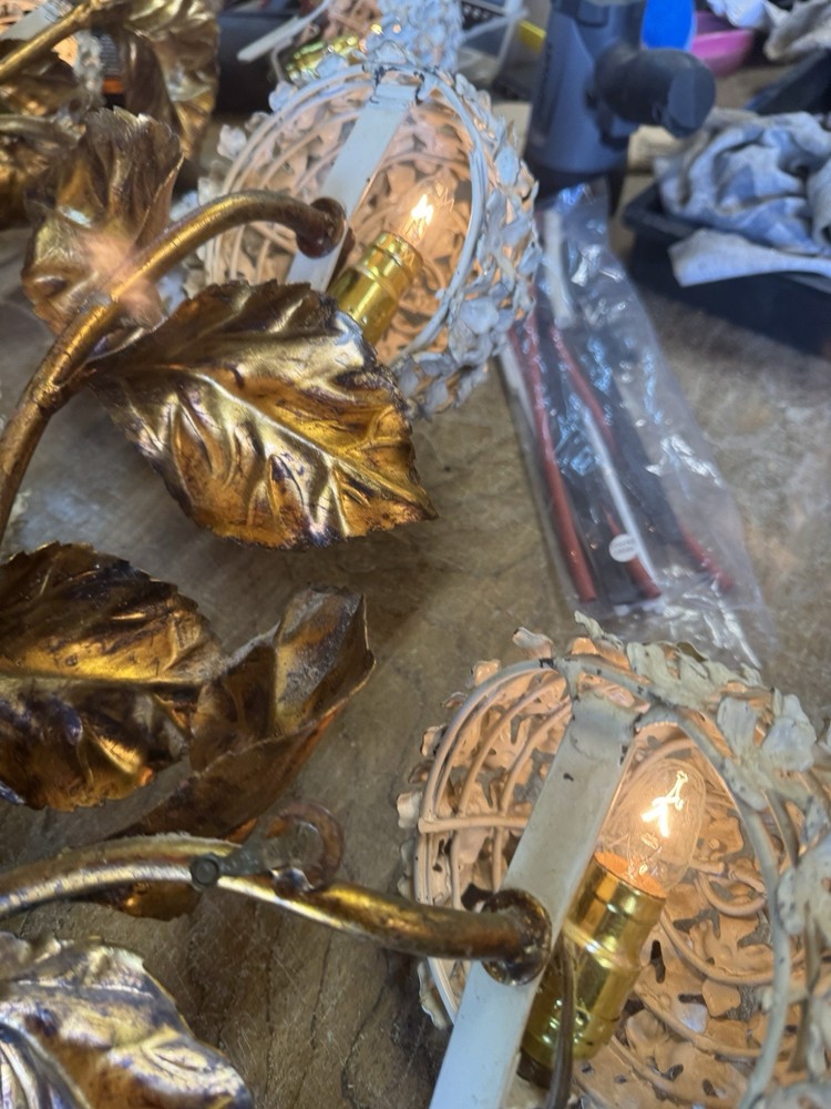 1950s Hydrangea Wall Light Sconces Italian Tole white enamel hydrangeas Pair