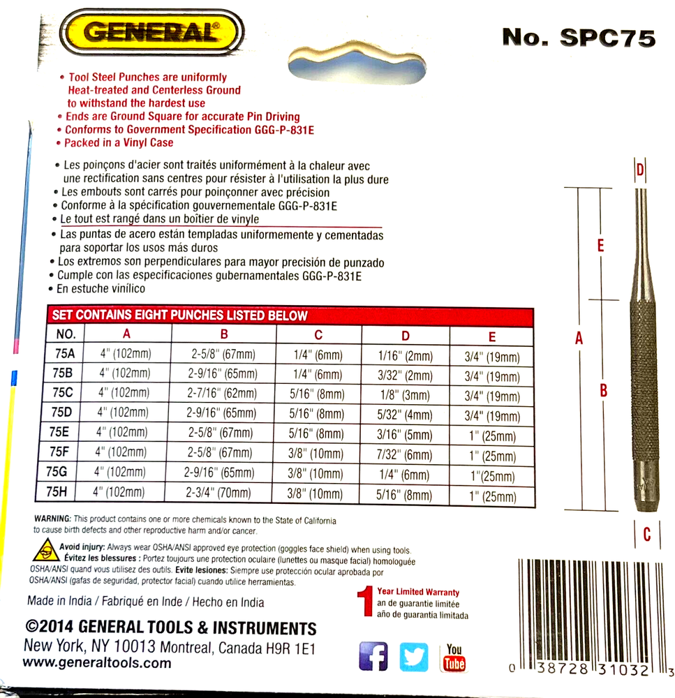 DRIVE PIN PUNCHES 8 PC SET - GENERAL TOOLS #SPC75