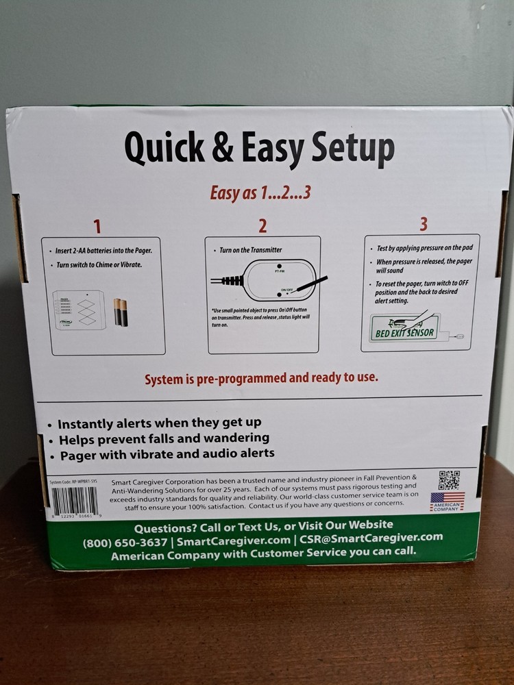 Smart Caregiver Wireless Bed Exit Sensor and Pager System, New