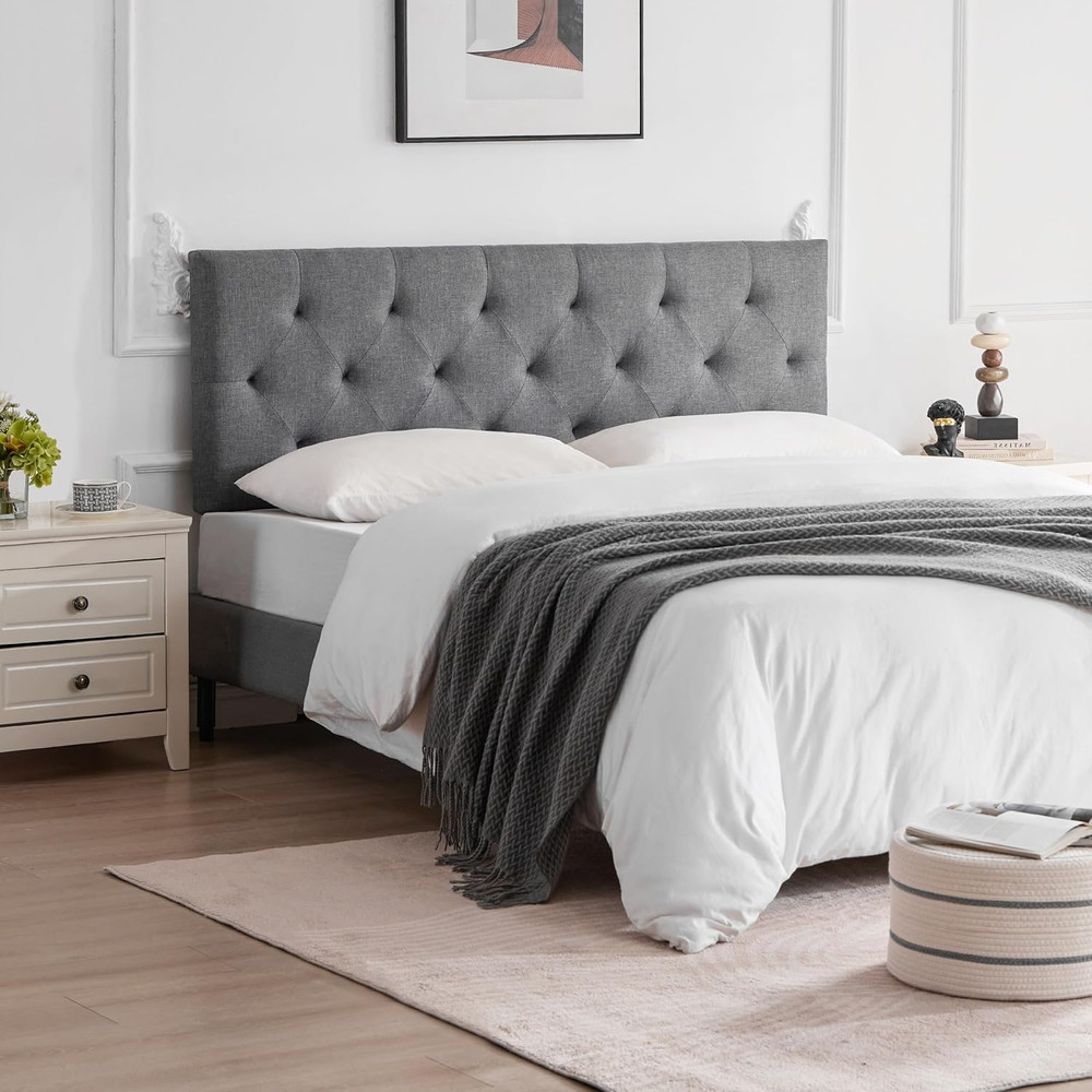 Linen Upholstered Headboard Queen Size, Modern Diamond Tufting Solid Wood Queen