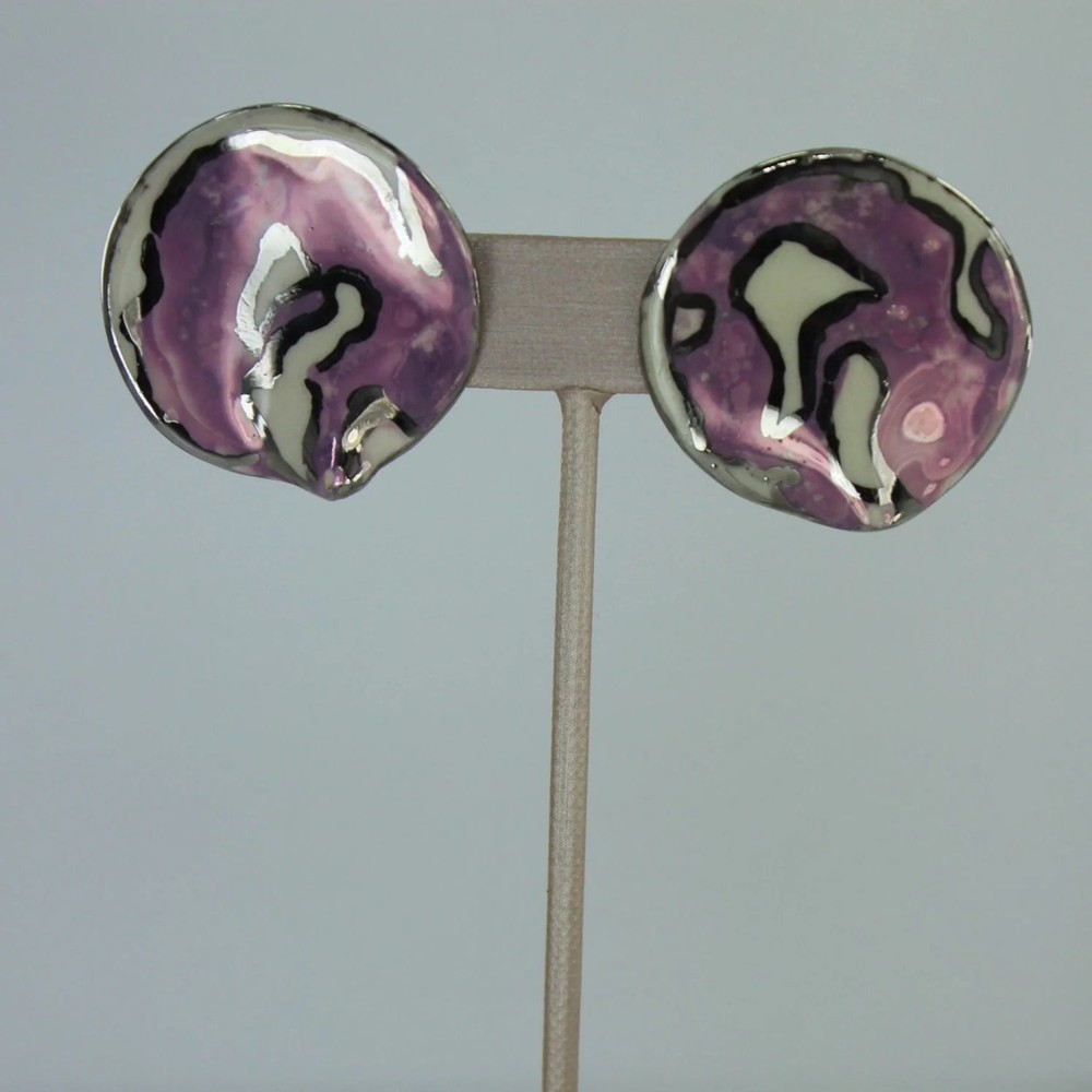 Free Form Large Ceramic Post Earrings - Lavender Purple White Silver
