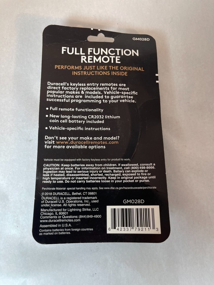 New Duracell Keyless Entry Full Function Remote for GM Vehicles GM028D