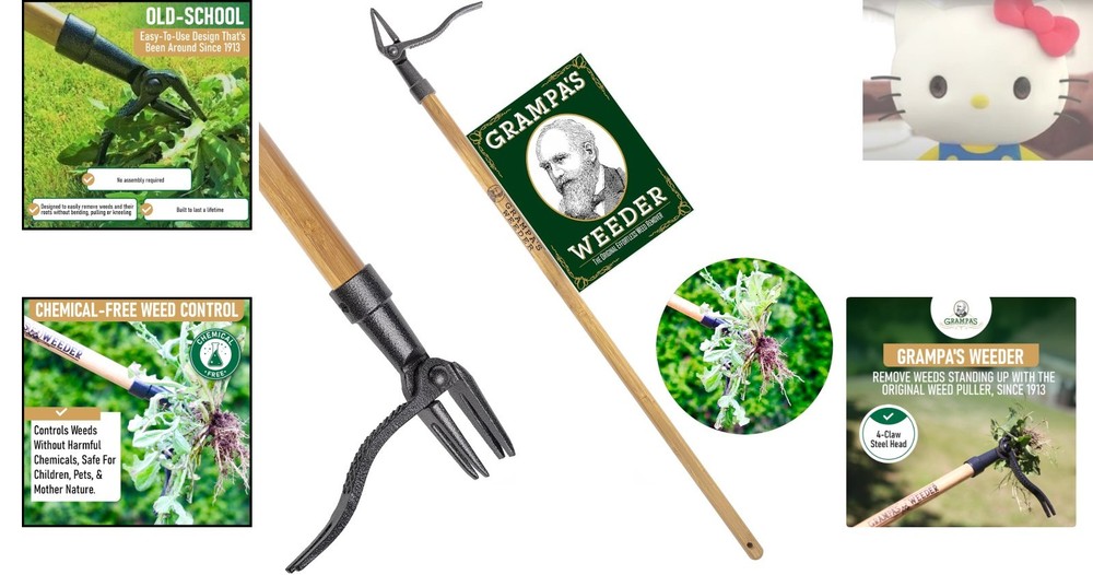 Grampa's Stand Up Weed Puller Tool - 46" Bamboo Handle & 4-Claw Steel