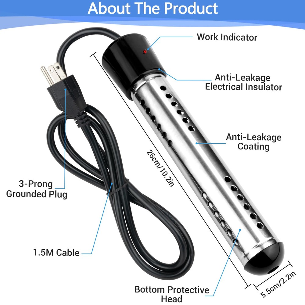 2000W Immersion Water Heater with 304 SS Guard Fast Heats up 5 gallons Water ...