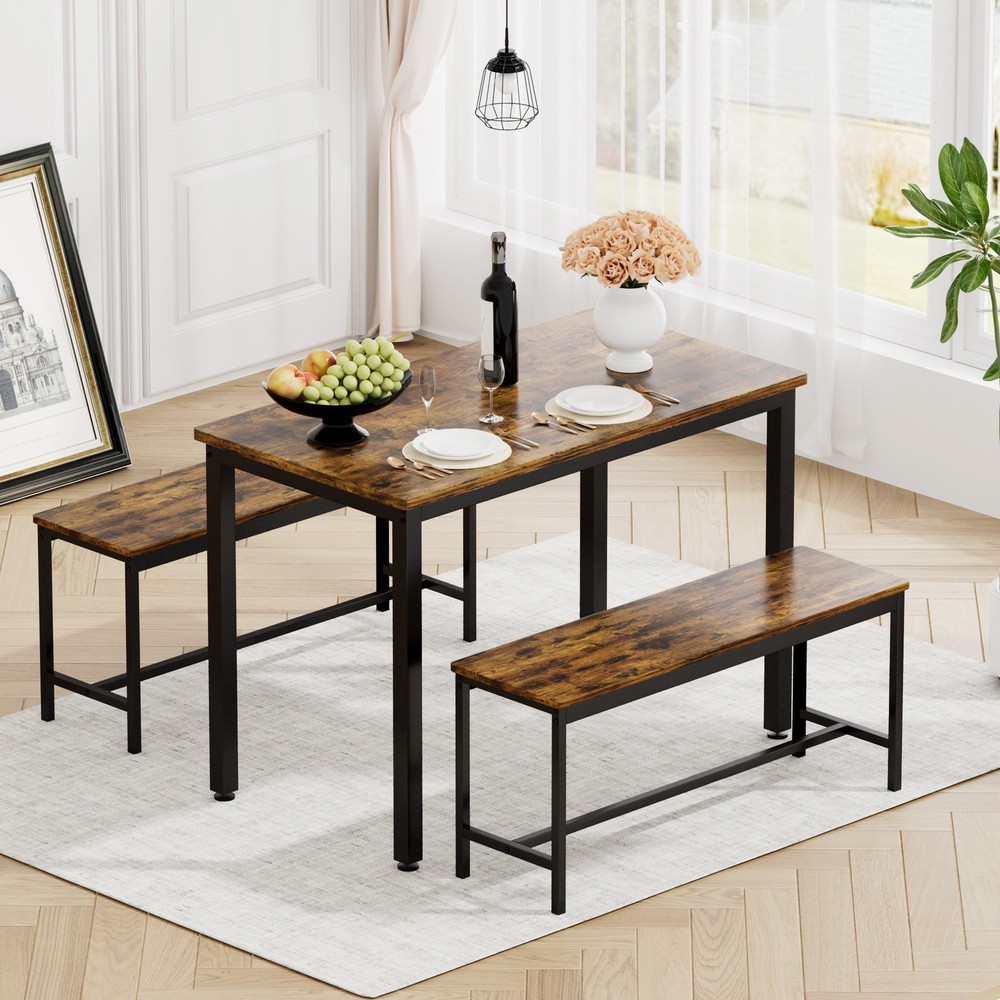 Dining Table Set, Bar Table with 2 Dining Benches, Kitchen Table Counter with