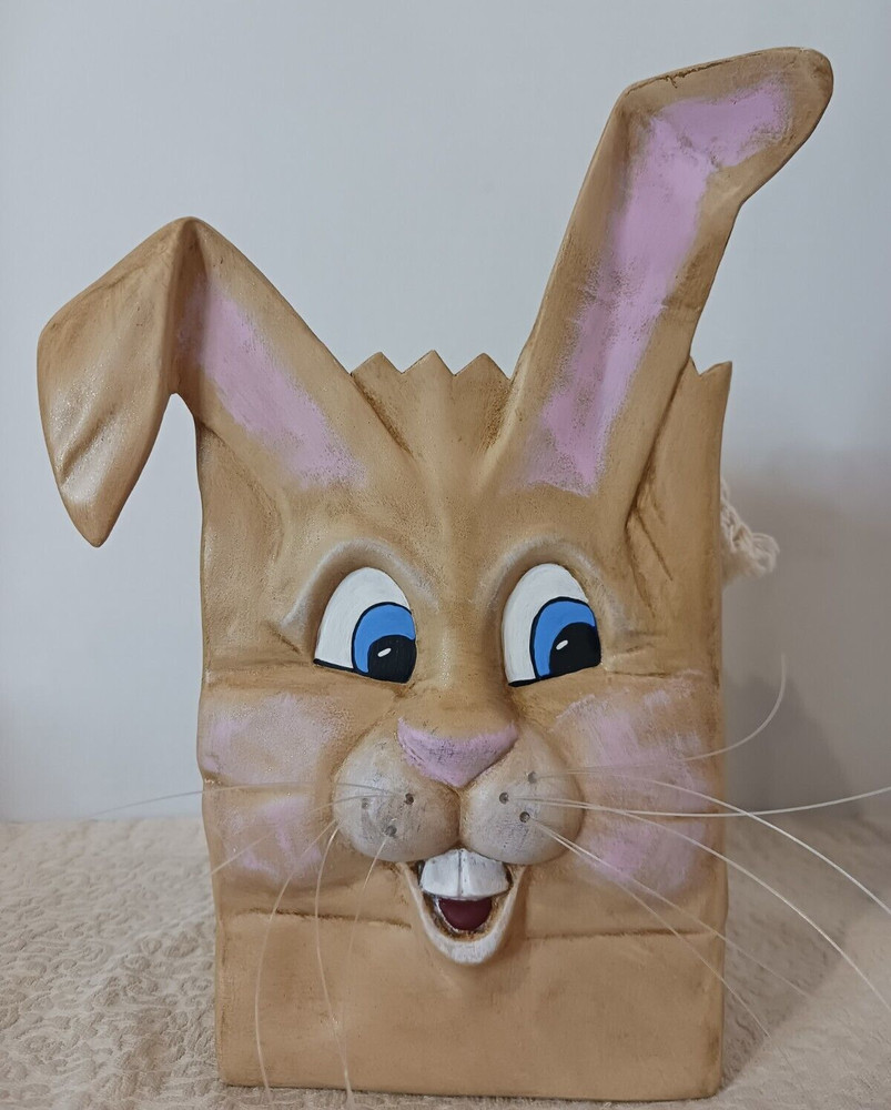 9" Ceramic Easter Bunny Bag Candy Basket w/Rope Handle & Whiskers
