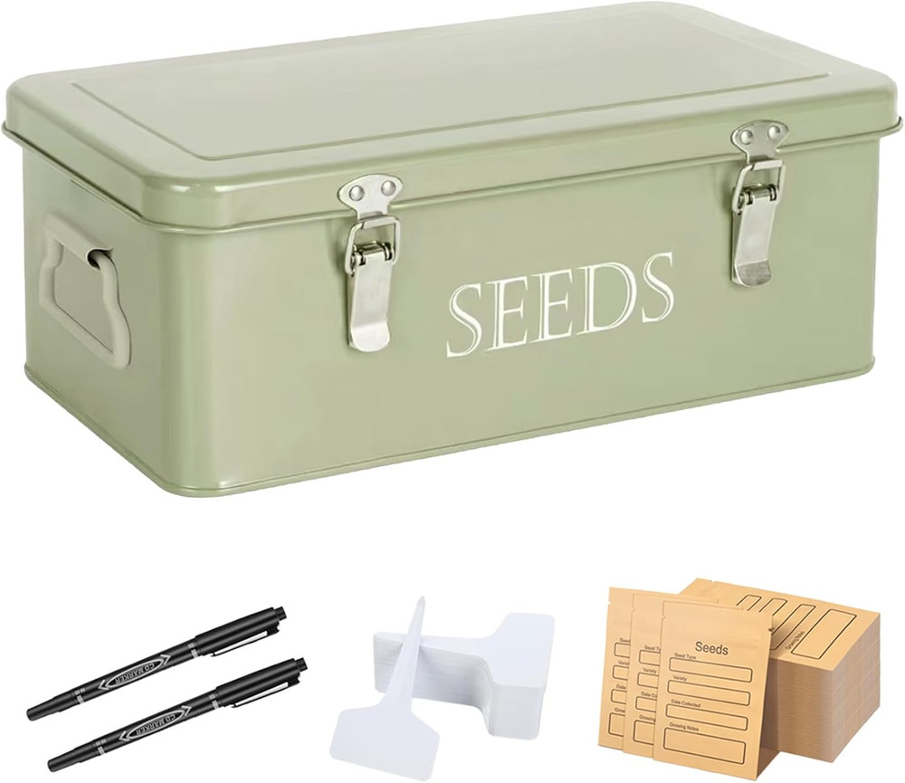 Professional Seed Storage Box with Labels, Pens, and Envelopes, Green