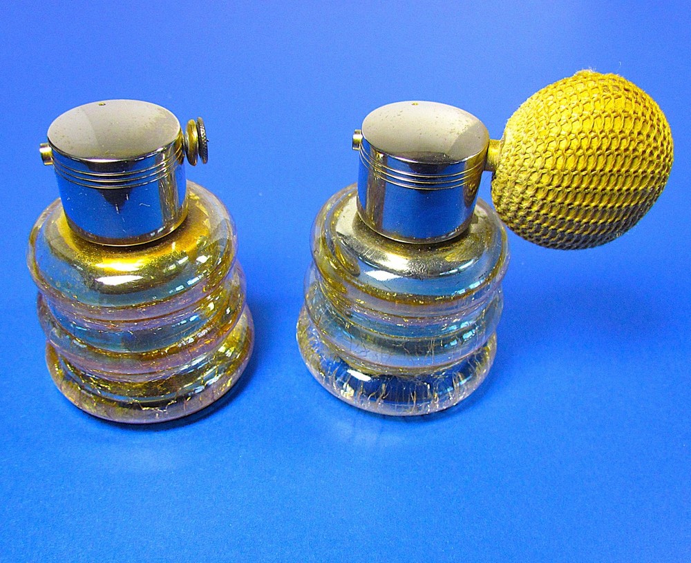 2 VINTAGE PERFUME BOTTLES DEVILBISS GOLDPLATE BEEHIVE SHAPE