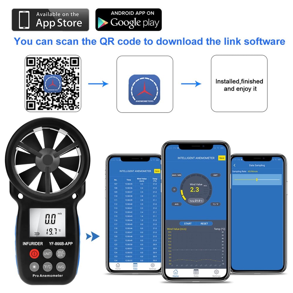 Digital Wireless Anemometer with APP via Bluetooth, Handheld Wind Speed Meter...