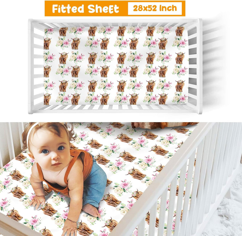 Baby Crib Bedding Set - Highland Cow Design Nursery Bedding 3 Pcs Set - Chic Sof