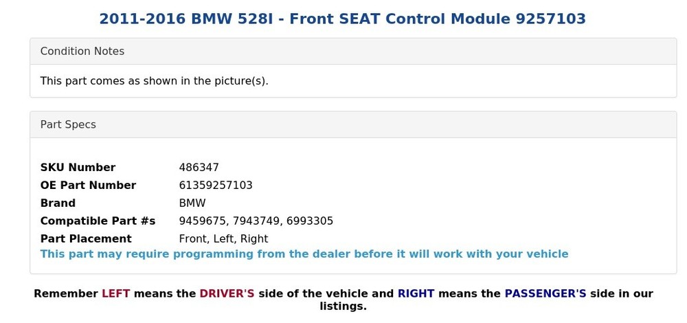 2011-2016 BMW 528I - Front SEAT Control Module 9257103
