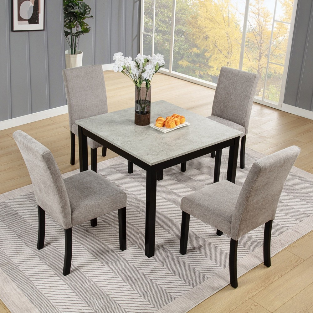 5-Piece Dining Table Set with Square Solid Wood Table and 4 Upholstered Chairs
