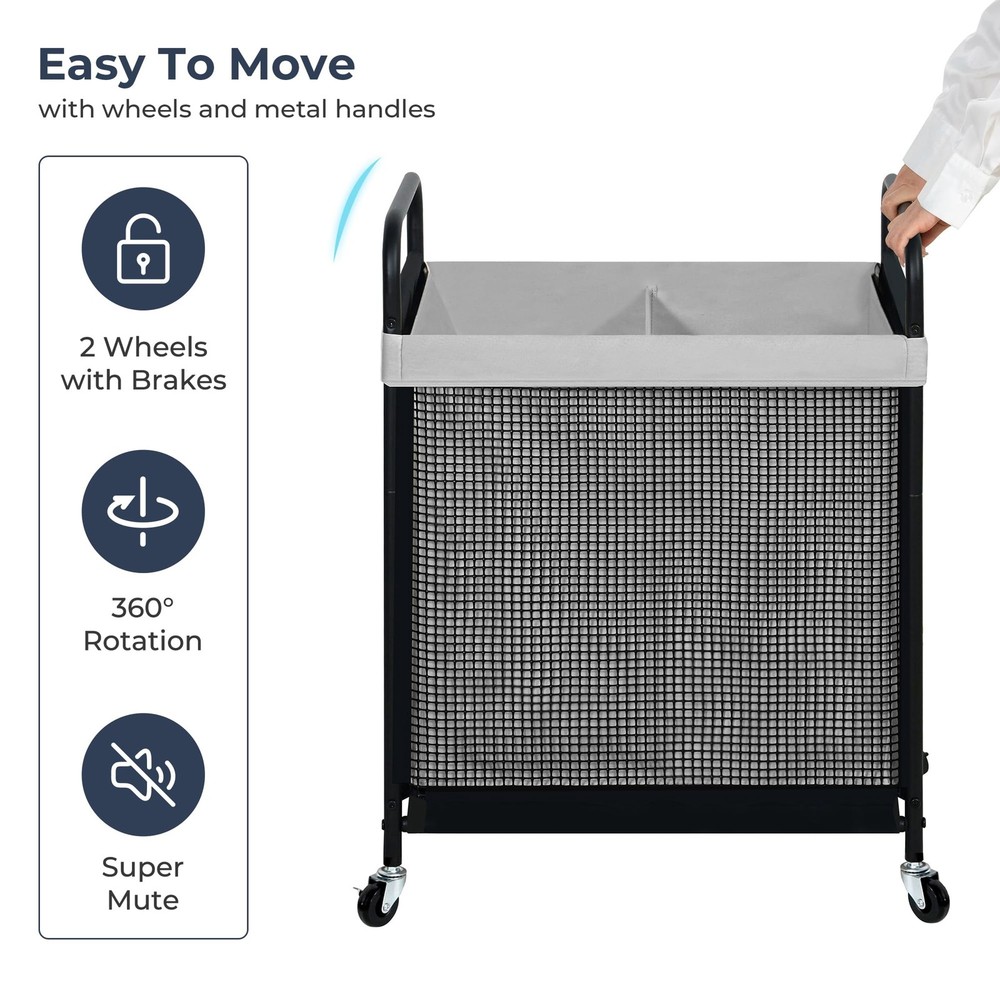 Laundry Hamper 2 Section, 100L Rolling Laundry Sorter Cart with Removable and...