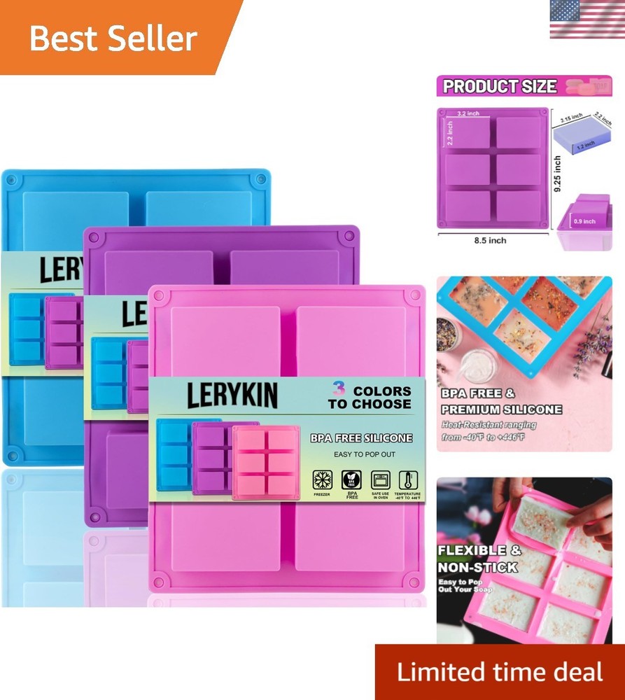 Silicone Soap Molds 3 Pack Rectangular Food Grade Flexible Mold Ice Cube Choc...