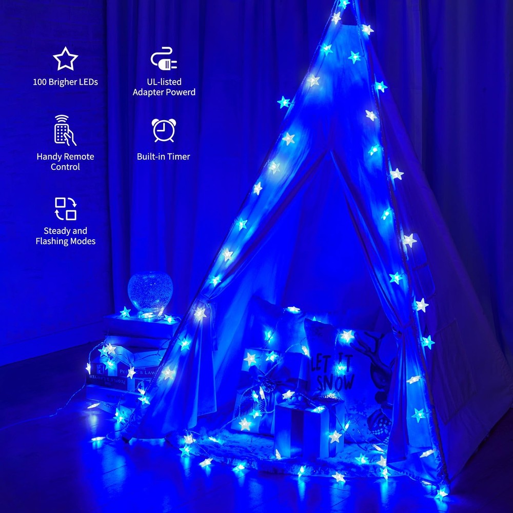 33Ft Blue Led Star String Lights With Remote Control And 8 Lighting Modes