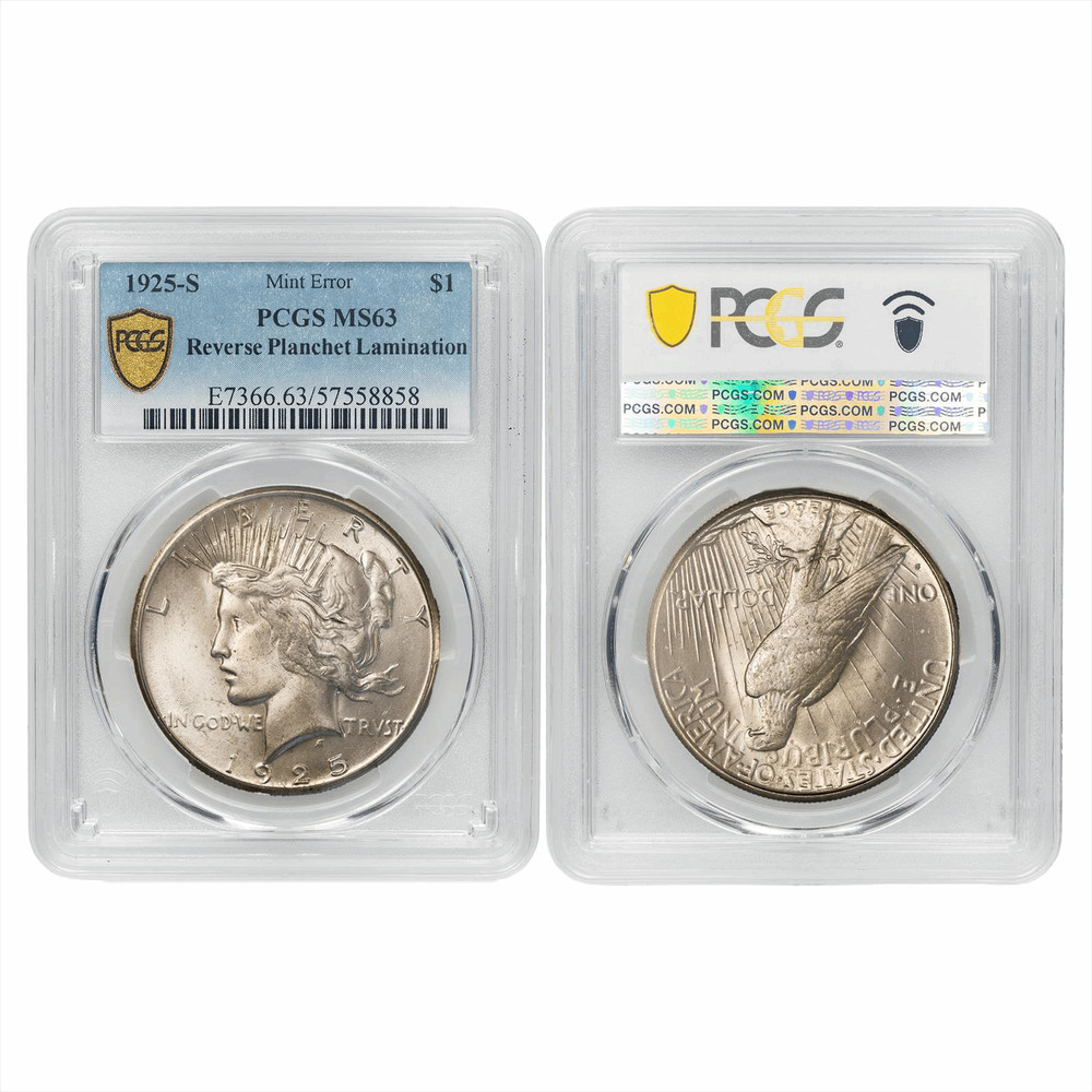 1925S Silver Peace Dollar $1 Reverse Planchet Lamination PCGS MS 63