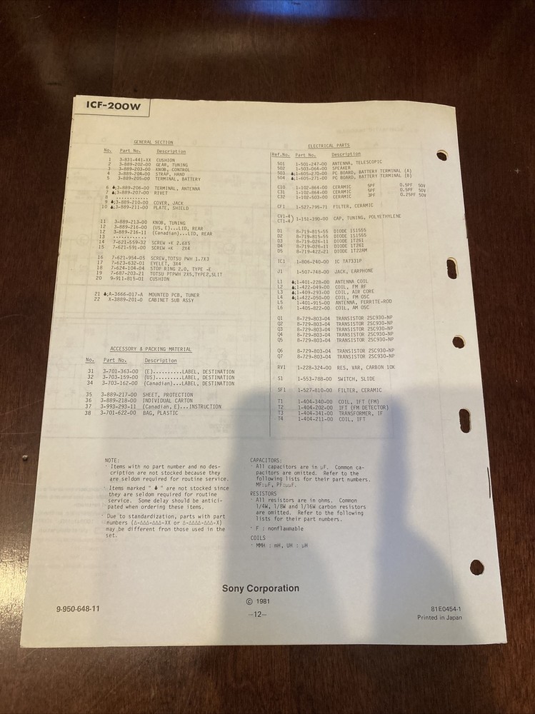 Original 1981 ICF-200W Sony Service Manual