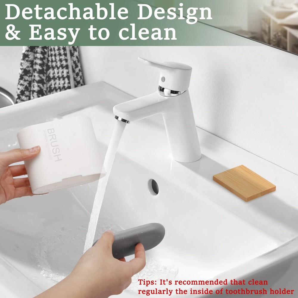 Toothbrush and Toothpaste Holder with Bamboo Divider for Bathroom White