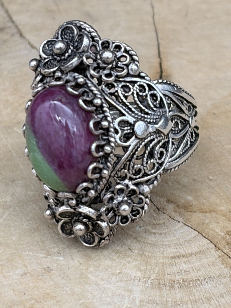 Sterling Silver Ruby Zoisite Filigree Ornate Ring Size 8 Turkey Signed DGS