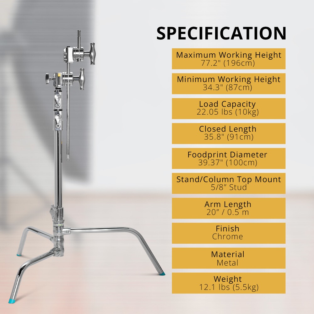 Flashpoint 20" Quick Release Turtle Base C-Stand Kit, Grip Head Arm (Chrome)