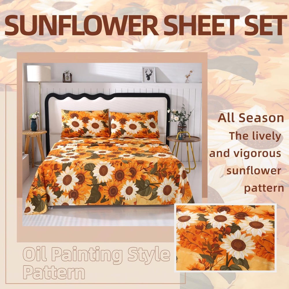 4Pcs Floral Full Size Bed Sheets,Microfiber Floral Bedding Sheet Sets,Boho Ye...