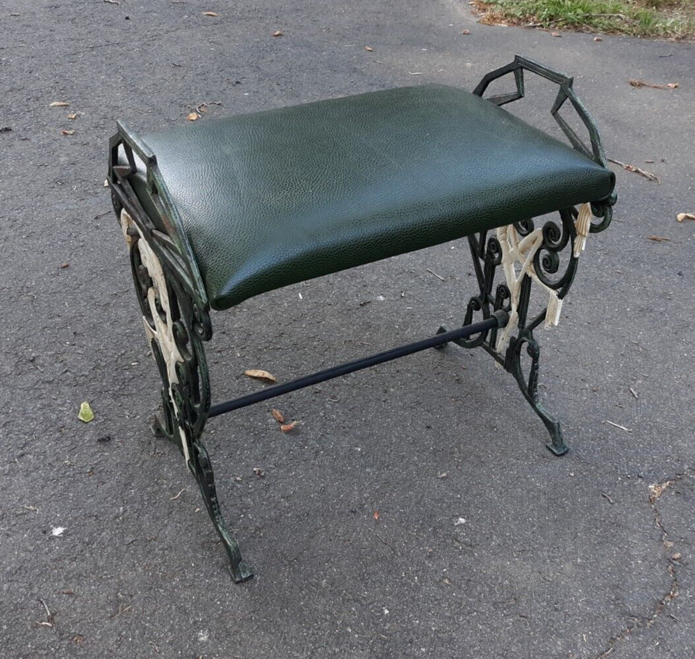 Art Deco Cast Iron And Leather Bench Stool