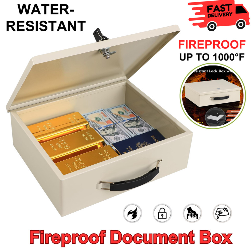 Fireproof Document Box with Key Lock, Small Safe Chest for Valuables, Portable
