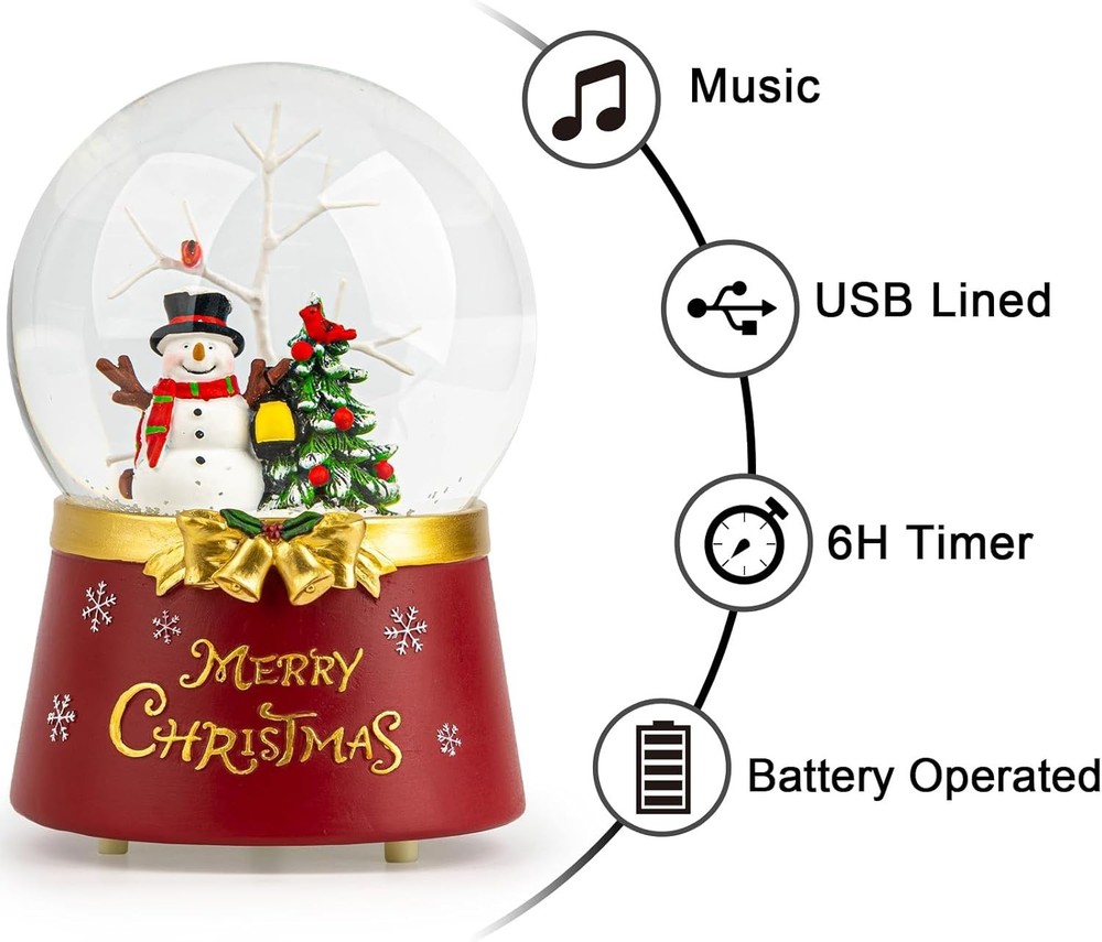 Lighted Musical Snowman Snow Globe 7 Inch Water Lantern with Timer Function
