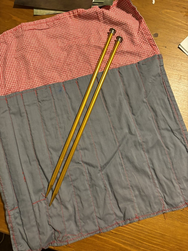 Knitting Needle Case And Needles Handmade Red Grey Fold Up