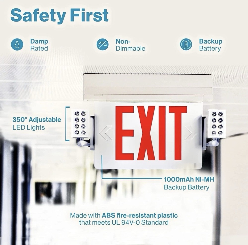 4 Pack LED Exit Sign Emergency Combo Light with Adjustable Two Head Battery